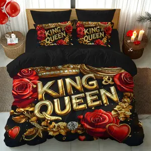 2/3 Pcs Duvet Set, 3D Super Soft Brushed Digital Print, Romantic Valentine’s King Queen Rose Love Motif, Cozy, Bed Sets. For Bedrooms, Valentine’s Gifts, Hotels, Luxury Hotels, School Dorms. (1 Duvet Cover + 1/2 Pillowcases). Filling Not Included