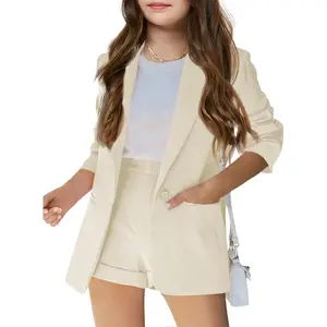 Girls 2 Piece Outfits Button Front Long Sleeve Blazer and Short Pants Suit Sets 4-14 Years