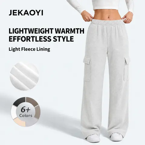 JEKAOYI Women's High-Waist Cotton Cargo Sweatpants - Baggy Fit, Lightweight Fleece, Machine Washable, Pockets, Streetwear, Casual Sporty Workout Jogger Pants