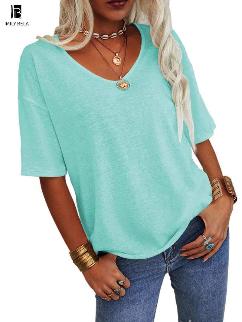 Women's Plain V Neck Drop Shoulder Tee, Casual Chic Minimalist Solid Color Half Sleeve T-shirt for Summer, Women's Basic Top for Daily Wear Women's Plain V Neck Drop Shoulder Tee, Casual Chic Minimalist Solid Color Half Sleeve T-shirt for Summer, Women's Basic Top for Daily Wear