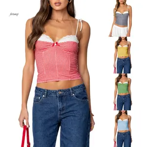 Women Summer Crop Camisole Casual Lace Trim Plaid Print Tie up Strap Tank Tops Sleeveless T-Shirt for Club Streetwear