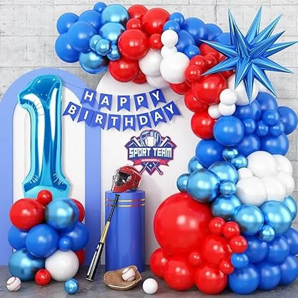1st Baseball Birthday Decorations for Boy, Blue Number 1 Balloon Star Foil and Red White Blue Balloons Arch with Birthday Bannerfor Baby Rookie of The Year First Birthday Sports Theme Party Supplies