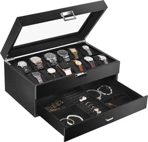 Watch Box for Men, 12 Slots Watch Organizers, Jewelry Storage Case with Drawer, Stylish Watch Accessory Holder with Lid, Mens watch Case
