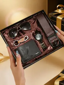 5pcs Luxury Watch Set with Business Style Watches, Eagle Print Money Clip Keychain, Perfect Gift Choice for All Occasions