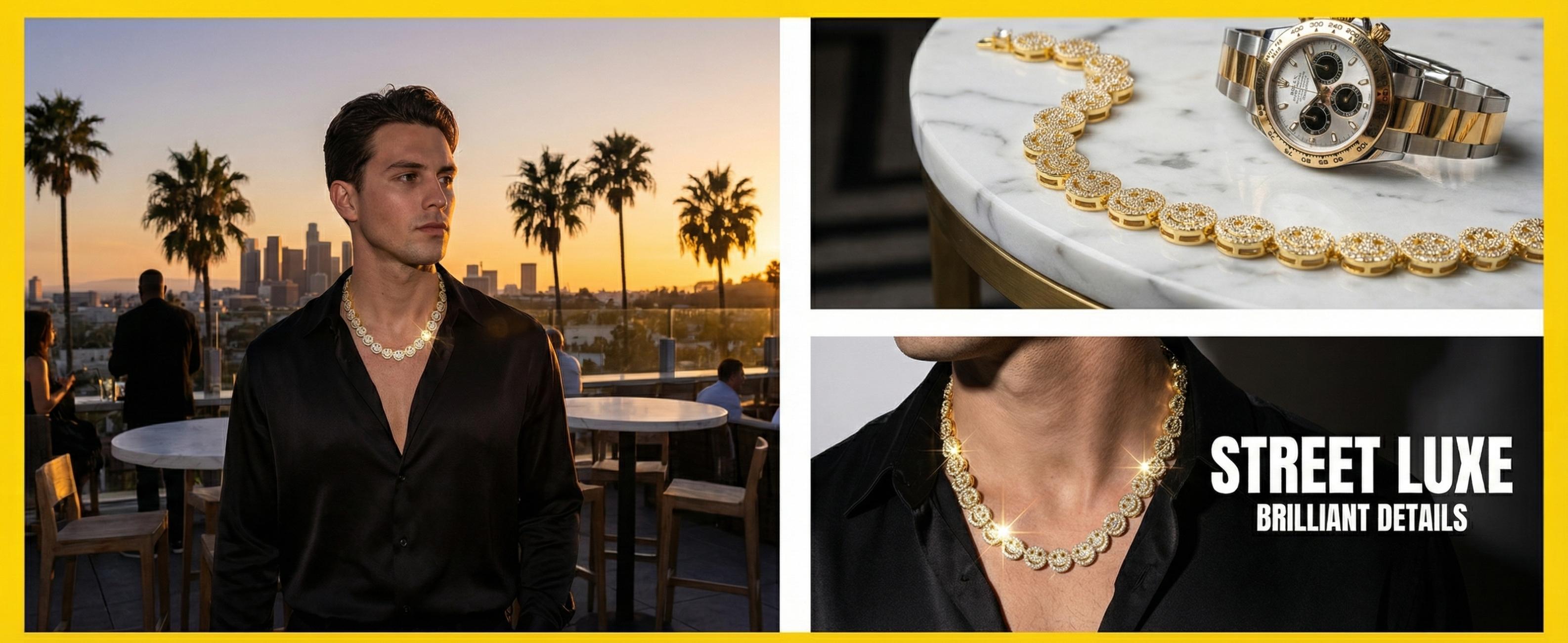 Hip-Hop Alloy Smiley Face Necklace & Full-Rhinestone Cuban Link Bracelet — Interlocking Ring Design, Edgy Punk Style (Unisex)