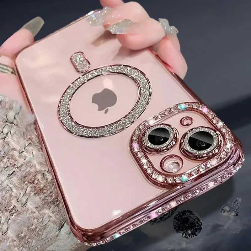 High-grade Bling Glitter Rhinestones Phone Case For iPhone 17 15 11 12 13 14 16 Pro Max Plus Magsafe Magnetic Clear Lens Protect Cover Girls