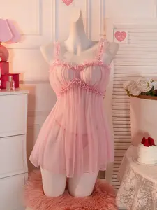 Valentine's Day's Gift--A Love Note in Lace Lingerie | Delicate Pink Cami with Ruffles & Sheer Fabric for Romantic Moments | Perfect Womenswear with Backless Erotic Crotchless Sexy Elegant Cute Details