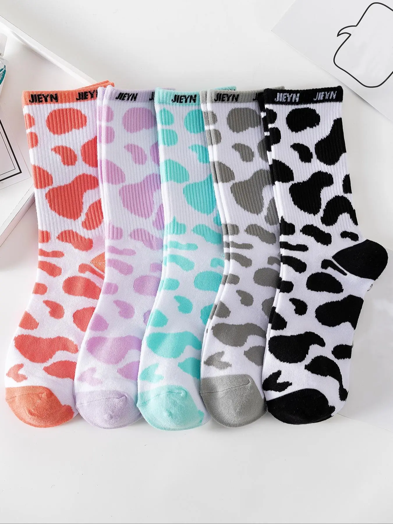 Women's Cow Print Letter Binding Crew Socks, Casual Thick Moisture Wicking Socks, Soft Comfy Breathable Socks for All Seasons Daily Wear
