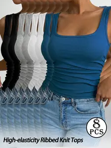 8PCS Women's Ribbed Square Neck Tank Tops, Ruched High Waist Sleeveless Crop Tops, Stretchy Casual Summer Camisole, Cardigans, Fabric