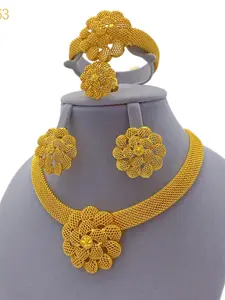 4-Piece Dubai Jewelry Set, Hollow Flower Design, African Arab Style, Necklace Bracelet Ring Earrings, Women's Daily Party Accessory, Versatile Gift, Complete Set, Costume Jewelry Set