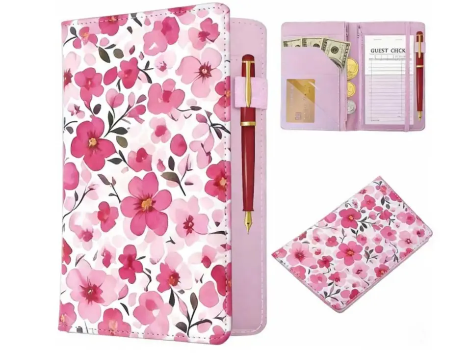 Leather Server Book With 2 Zipper Pockets, PU Waitress Order Pad Holder, Guest Check Books for Apron