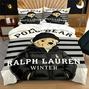 Striped teddy bear print pattern soft and durable bedding duvet cover set, including 1 duvet cover and 1 or 2 pillowcases, without a core or pillow, suitable for adult gifts, modern style fashionable bedroom bed decoration