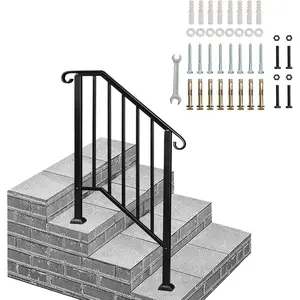 Ubesgoo Handrails for Outdoor Steps, Black Wrought Iron Handrail Fits 2 or 3 Steps, Transitional Handrail with Installation Kit, Stair Railing for Concrete Steps or Wooden Stairs