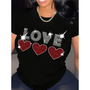 Summer Casual Women'S T-Shirt with Red Heart Print, Regular Length Fashion Top