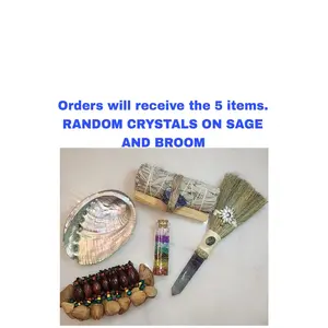 Palo Santo&Sage Smudge Kit with – 5 Spiritual Healing Tools with Chakra Crystal Bottle, Energy Broom, Abalone Shell & Nut Shell Bracelet – Cleansing Gift Set for Meditation, Reiki & Yoga