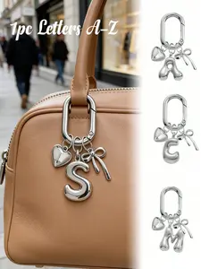 Silver bubble letters A-Z keychain, cute letter initials charm for women, with heart and bow pendants, sparkling metal letter keyring, personalized bag charm, handbag, backpack, wallet accessory