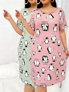 [2pcs] Women's Plus Size Butterfly Print Nightgowns, Casual Loose-Fit Short Sleeve Sleepwear, Summer Home Dress Set, Comfortable Pajamas, Loungewear, Mather's Day Gift