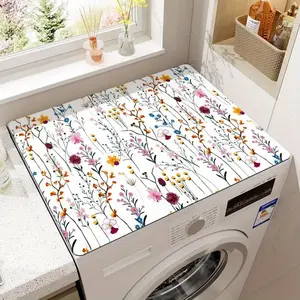 1PC Decorative Floral Washing Machine Top Cover Mat, Polyester Fabric, Non-Slip & Water Absorbent Washer Dust Protector with Vintage Flower Design, Laundry Room Accessories