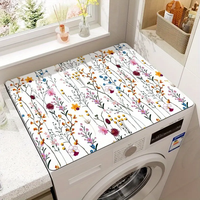 1PC Lightweight & Durable Polyester Full-Width Washer Top Cover Mat - Rubber Non-Slip, High Absorbency Dust Protector with Single-Sided Vintage Floral Printing, Effective Protection Household Textile Laundry Room Accessory