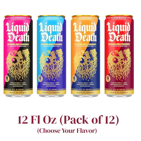 Liquid Death Sparkling Energy Beverage, 0 Sugar, 100mg Unextreme Caffeine, L-Theanine, Essential Vitamins, Metabolism Boost, 12 fl oz, Pack of 12
