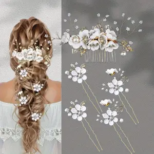 5 PCS Bridal Flower Wedding Hair Pins Crystal Pearl Hair Clips Headpiece Gold Wedding Hair Accessories Jewelry with Rhinestone for Brides Bridesmaids Women Girls Updo (Pure White Flower)  full face mask halloween gift
