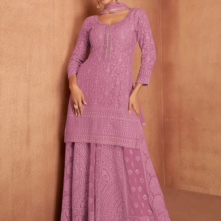 Blush Pink Chikankari Embroidery georgette fabric Festive Palazzo 3pcs Suit for Women - Elegant and Stylish Design size 40/42