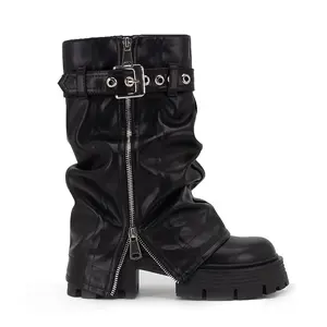 Fashion Women's Fold Mid Calf Boots Black Buckle Flat Platform Ankle Boots Round Toe Zipper Chunky Heel Outdoors Short Boots Designer Shoes