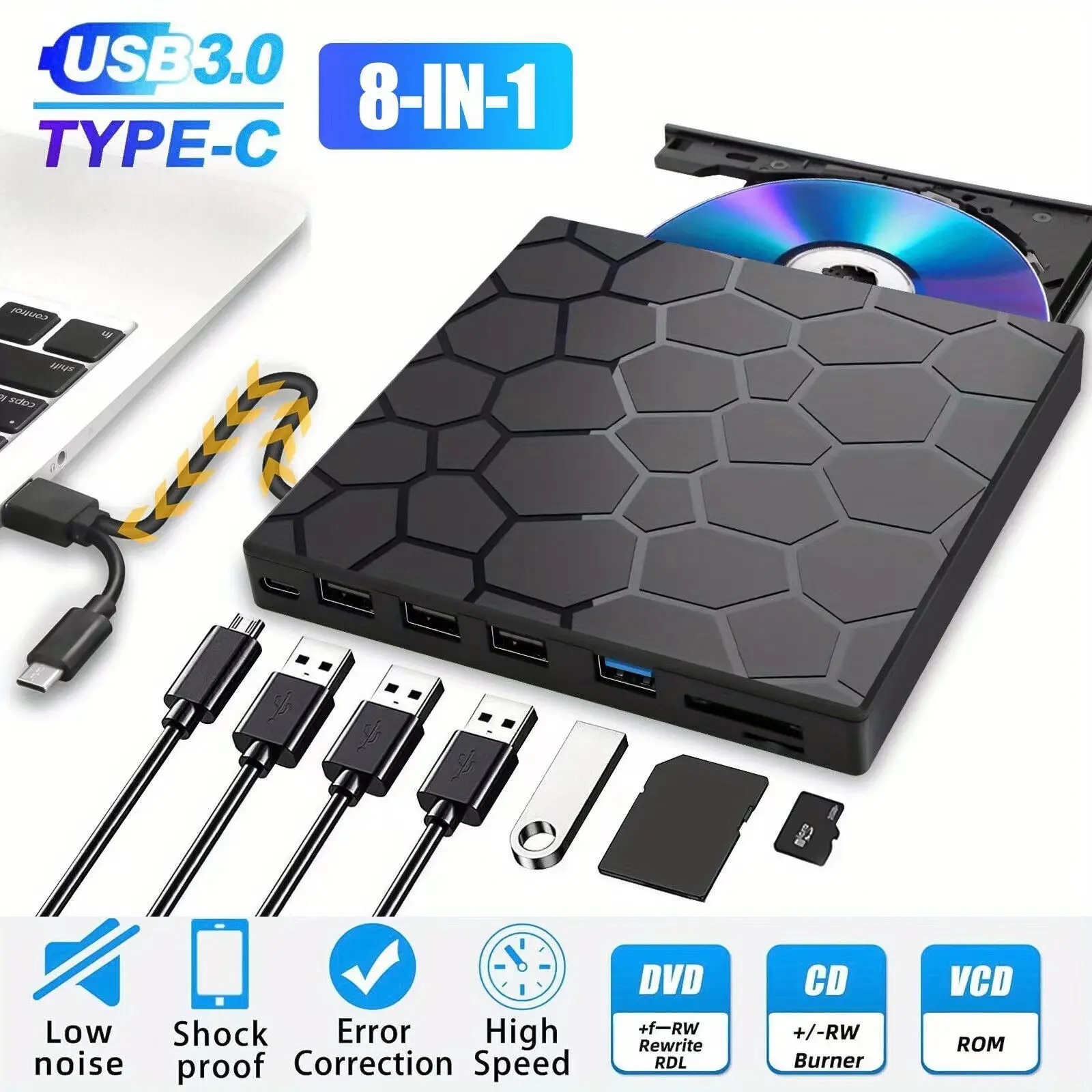 USB 3.0 Type-C High Speed External CD/DVD Drive Burner, Portable CD DVD Reader with SD/TF Ports, Memory Card Slot, MicroSD, Plug & Play Optical Drive for Laptop Desktop Windows 11/10 Mac Linux