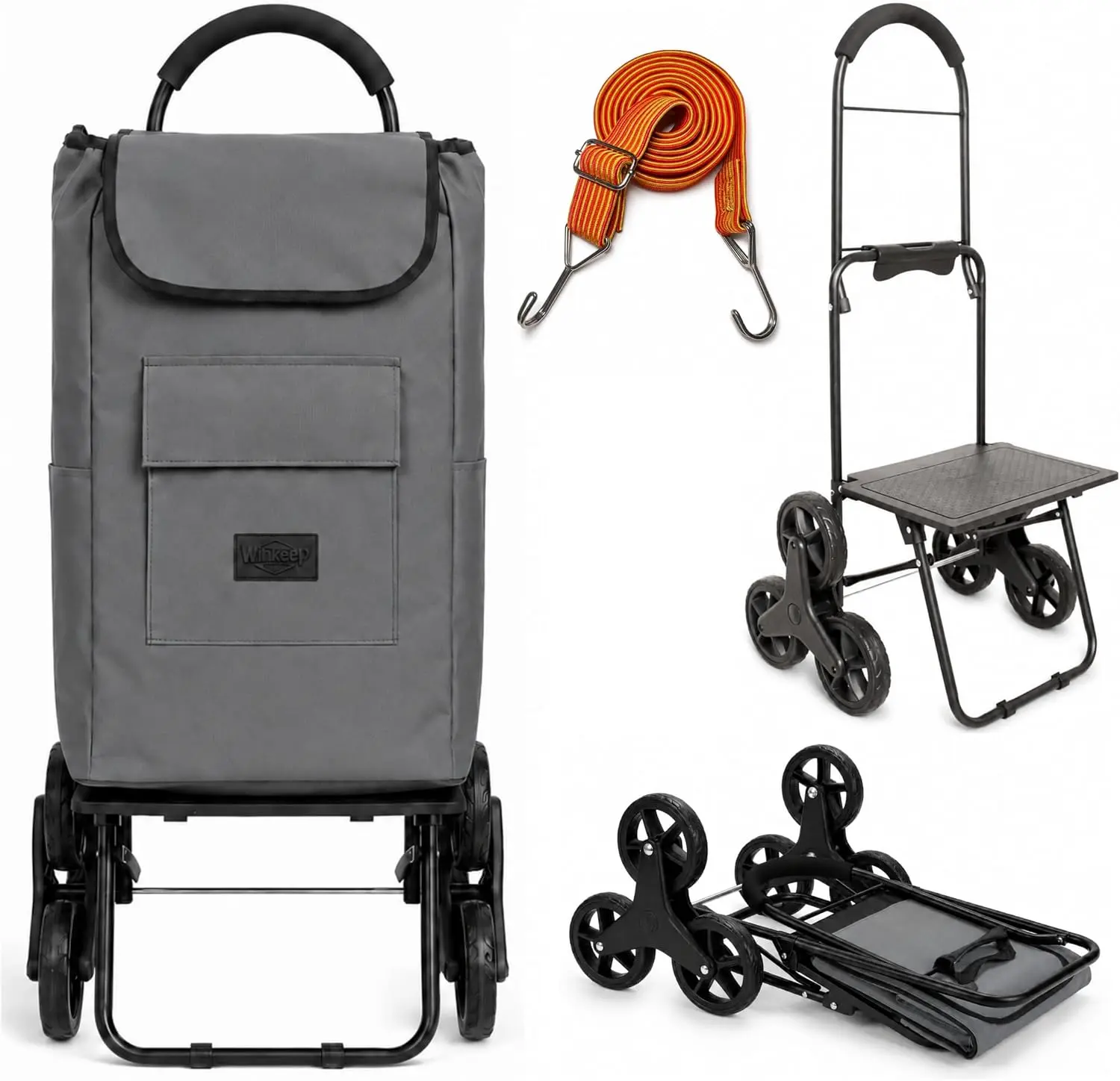 Shopping Cart, Super Loading Stair Climber 220 lbs Capacity, Grocery Foldable Trolley with Extra Large Shopping Bag Laundry Utility Cart with Adjustable Bungee Cord (Gray)