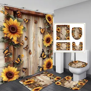 Creative Sunflower & Butterfly Shower Curtain Set, Wood Grain Background, Rustic Farmhouse Style, Includes Hooks, Bath Mat, Toilet Pad, U-Shaped Pad