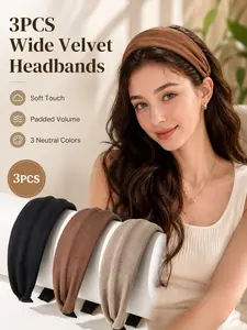 3PCS Wide Velvet Headbands for Women Vintage Solid Color Style, Soft Stretchy Padded Hair Bands with Non-Slip Comfortable Hold, High Crown Look Hair Accessories for Thick Thin Hair, Daily Wear, Makeup, Work, Travel, Party and Gift Styling Hairbands