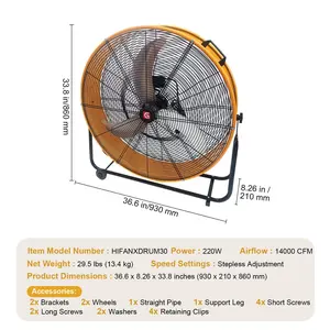 Garvee 30" Industrial High Velocity Drum Fan - 14000 CFM 3-Speed Metal Fan for Warehouse, Workshop, Factory - Heavy-Duty Outdoor Commercial Fans for Basement, Garage, Gym