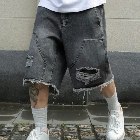 Men's Vintage Distressed cargo shorts, Pocket, multi pocket streetwear Bottoms, Loose-Fit Retro Denim Cargo Pants for Summer, Fashionable, Casual & Durable Design, Menswear, Denim Wash Shorts