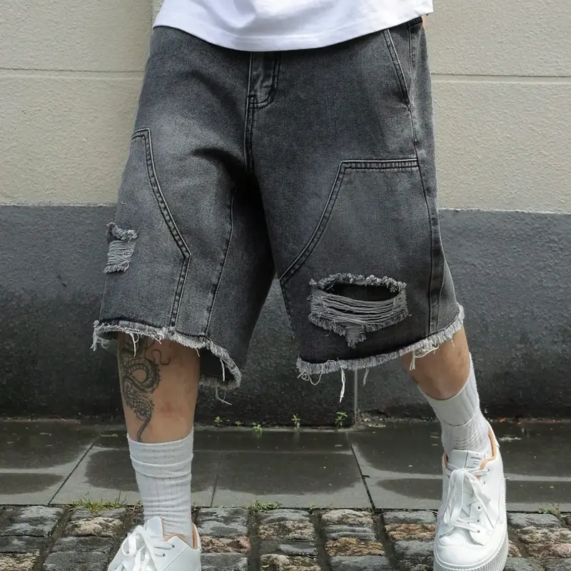 Men's Vintage Distressed cargo shorts, Pocket, multi pocket streetwear Bottoms, Loose-Fit Retro Denim Cargo Pants for Summer, Fashionable, Casual & Durable Design, Menswear, Denim Wash Shorts