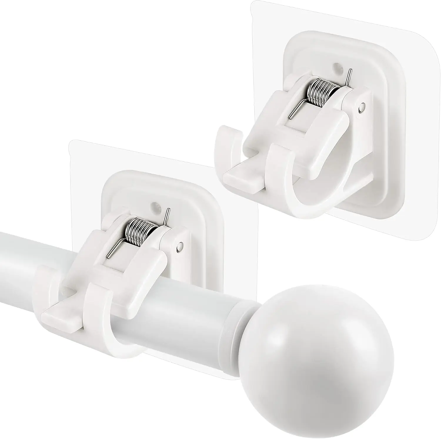 Self Adhesive No Drill Adjustable Curtain Rod Holder Hooks Brackets | Nail Free, No Drilling, Non Screw, Stick on Renter Friendly Hanger for Bathroom Kitchen Home Bathroom and Hotel, White, 2PCS
