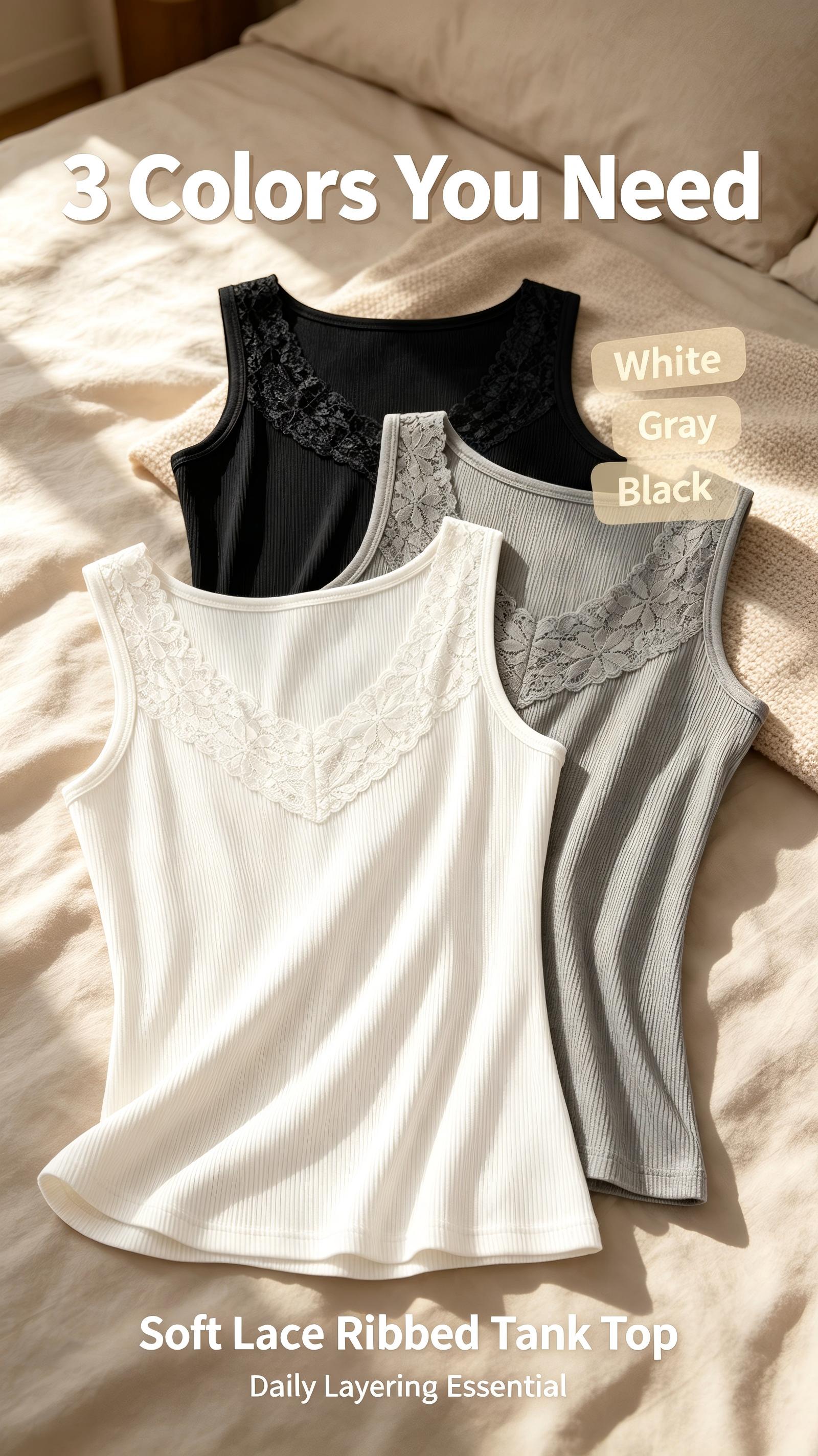 PROSHEVE women’s lace sleeveless tank top, V-neck lace camisole, no bra pads included, slim-fit breathable ribbed camisole top, sexy lace top suitable for everyday wear, summer basic top that can be layered or worn solo, summer vibe.,spaghetti