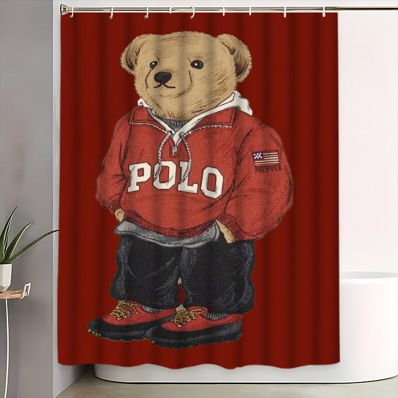 Vintage Bear Polo Shower Curtain Set, Home Bathroom Gift, Includes 12 Hooks, Non-Slip Bath Mat, U-Shaped Toilet Lid Pad