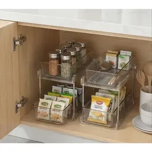 2 Pack Bathroom Organizer,2 Tier Clear Under Sink Organizers Vanity Countertop Storage Container,Cabinet Drawers Bins, Pull-Out Organization with Track for Pantry, Kitchen