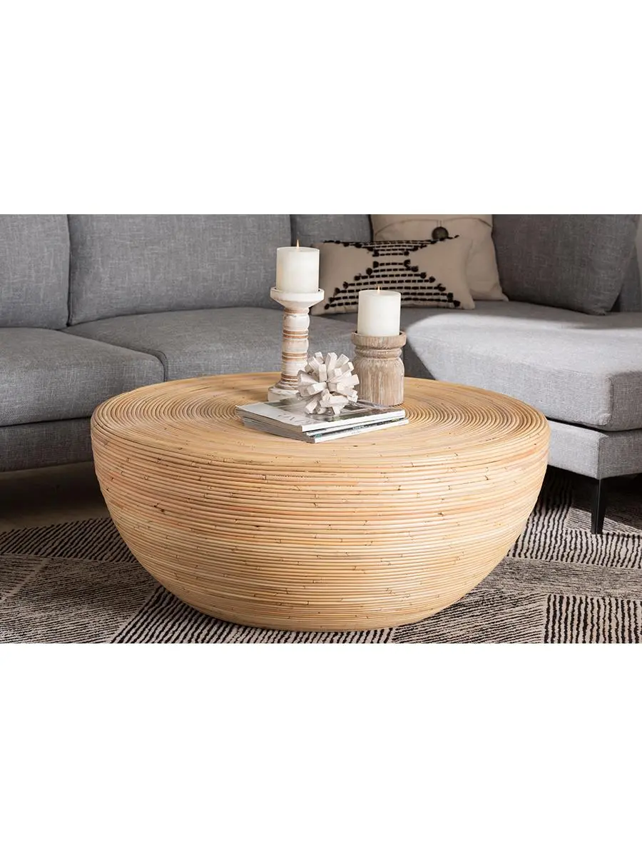 Bali & Pari 193271466740 Tokyo Laminated Handcrafted Bowl Shaped Center Natural Rattan Coffee Table - Coastal Boho Style Furniture - Natural Brown