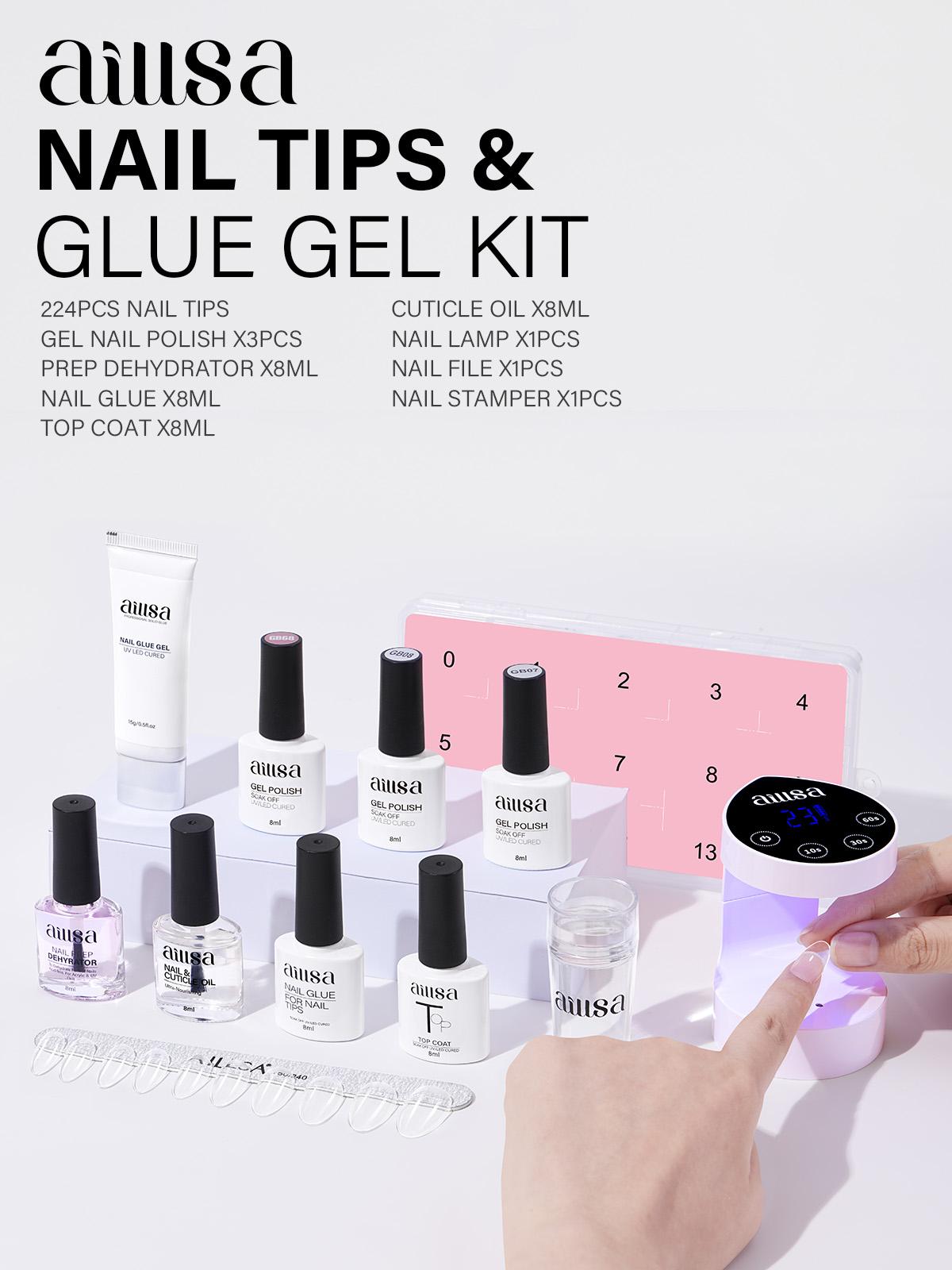 AILLSA Upgraded DIY Nail Kit Medium Square 224pcs Nail Tips in 14 Sizes with Soild Gel Nail Glue,Nail Dehyrator,4 Timers Auto Sensor UV Lamp,3 Gel Polish,Top Coat,Nail Stamp,Cuticle oil, gelx nail,Manicure Fall Nails Birthday&Chritmas Gift for Girl AILLSA Upgraded DIY Nail Kit Medium Square 224pcs Nail Tips in 14 Sizes with Soild Gel Nail Glue,Nail Dehyrator,4 Timers Auto Sensor UV Lamp,3 Gel Polish,Top Coat,Nail Stamp,Cuticle oil, gelx nail,Manicure Fall Nails Birthday&Chritmas Gift for Girl