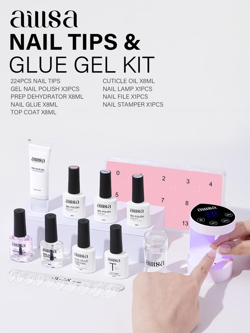 AILLSA Upgraded DIY Nail Kit Medium Square 224pcs Nail Tips in 14 Sizes with Soild Gel Nail Glue,Nail Dehyrator,4 Timers Auto Sensor UV Lamp,3 Gel Polish,Top Coat,Nail Stamp,Cuticle oil, gelx nail,Manicure Fall Nails Birthday&Chritmas Gift for Girl