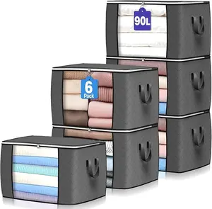 90L Foldable Closet Storage Bags (6-Pack) - 23x16x13 Inches, Dustproof Soft Fabric, Reinforced Handles, With Zip, Heavy-Duty, Ideal for Clothes, Blankets