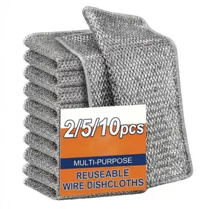 Double-Layer Steel Wire Cleaning Cloth - Non-Scratch Wire Dishcloth Rag Heavy Duty Scrub Pads Multi-Purpose Silver Mesh Scouring Pads for Kitchen Dishes, Pots, Pans (10 pcs)