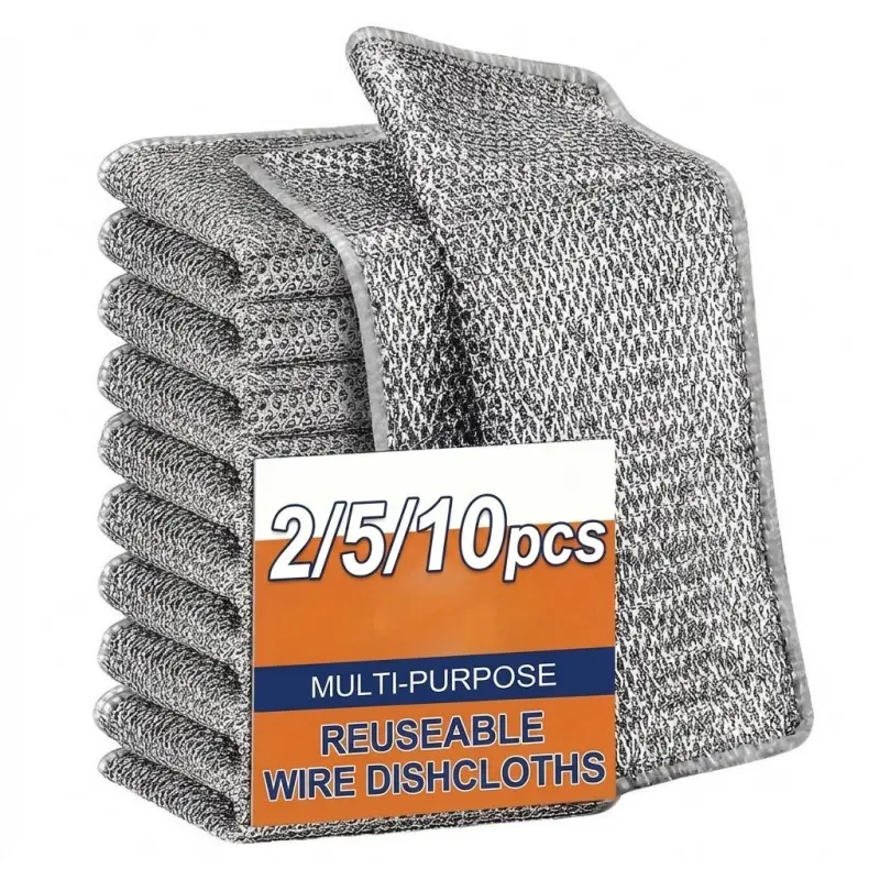 Double-Layer Steel Wire Cleaning Cloth - Non-Scratch Wire Dishcloth Rag Heavy Duty Scrub Pads Multi-Purpose Durable Cleaning Supplies Silver Mesh Scouring Pads for Kitchen Dishes, Pots, Pans (10 pcs) Non Scratch Dishcloths Scratch Free Cloth