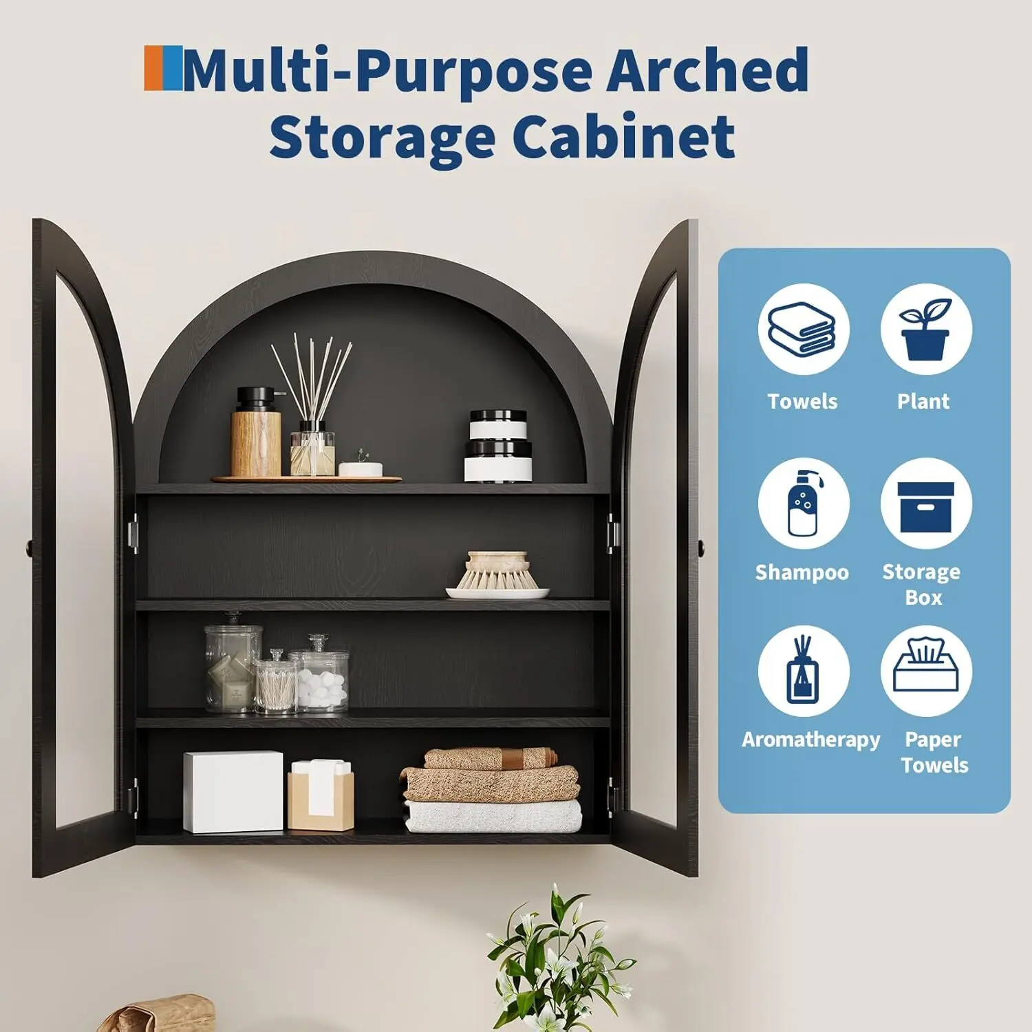 Gaomon MDF Wood Boho Arch Medicine Cabinet - 27in High Wall-Mounted Home Decor Items, Glass-Doored Multi-Purpose Bathroom Organizer with Adjustable Shelves, Over-The-Toilet Storage