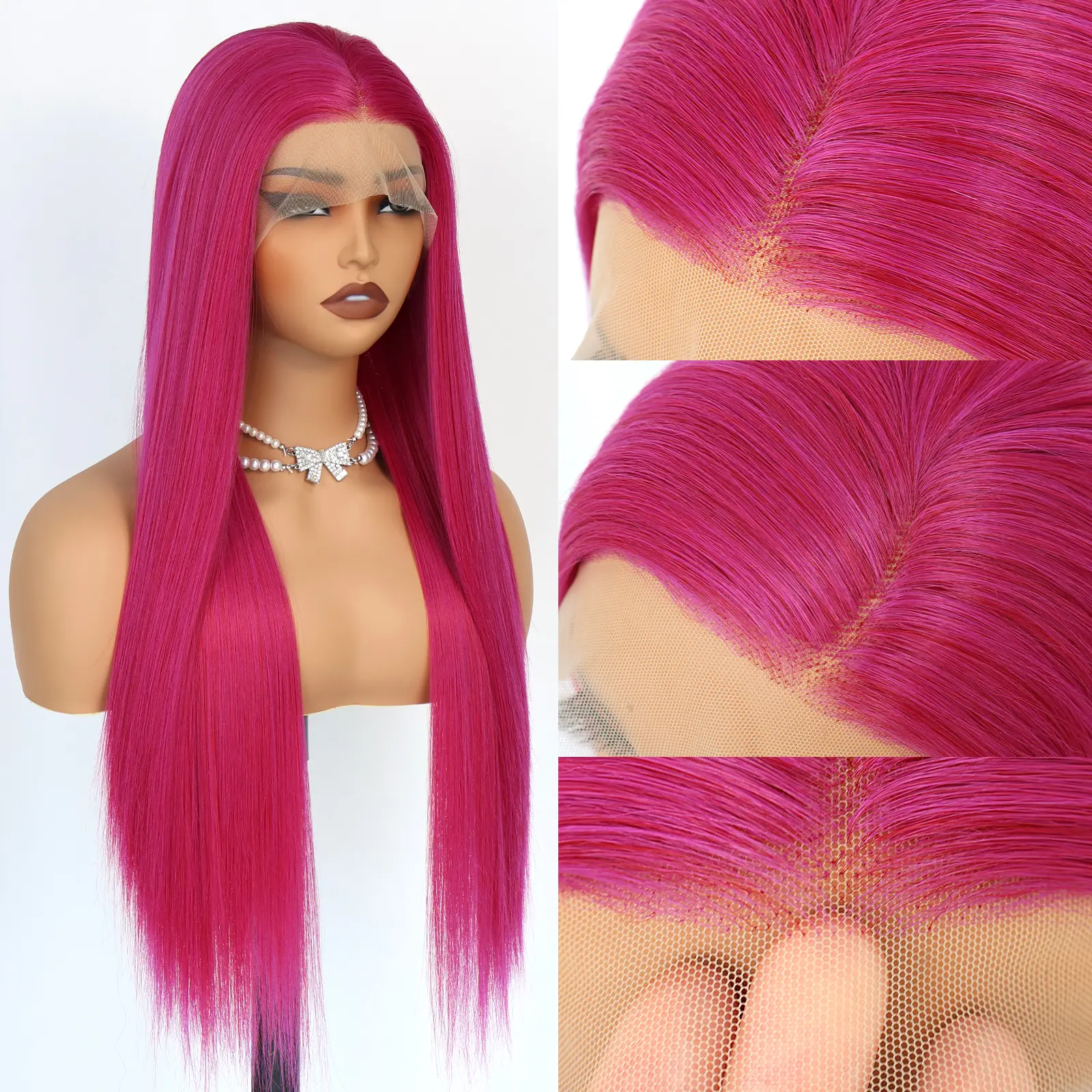 Lace Front Pink Long Straight Heat Resistant Wig 26 Inch Long Silky Straight Wig Pink Lace Front Wig for  main image 2
