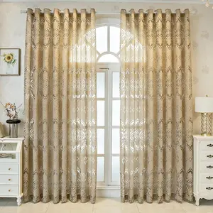 European Golden Jacquard Embroidery Sheer Curtains Villa Luxury Grommet Top Voile Drape for Living Room Curtain Panel Tulle Home Decor 52 inch Wide by 84 inch Long 1 Set of 2 Panels
