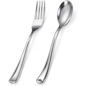 100 count  Plastic Silverware, Heavy Duty Plastic Cutlery Includes 50 Forks and 50 Spoons, Elegant Disposable Utensils, Durable Flatware for Parties, Weddings Catering and Dinners