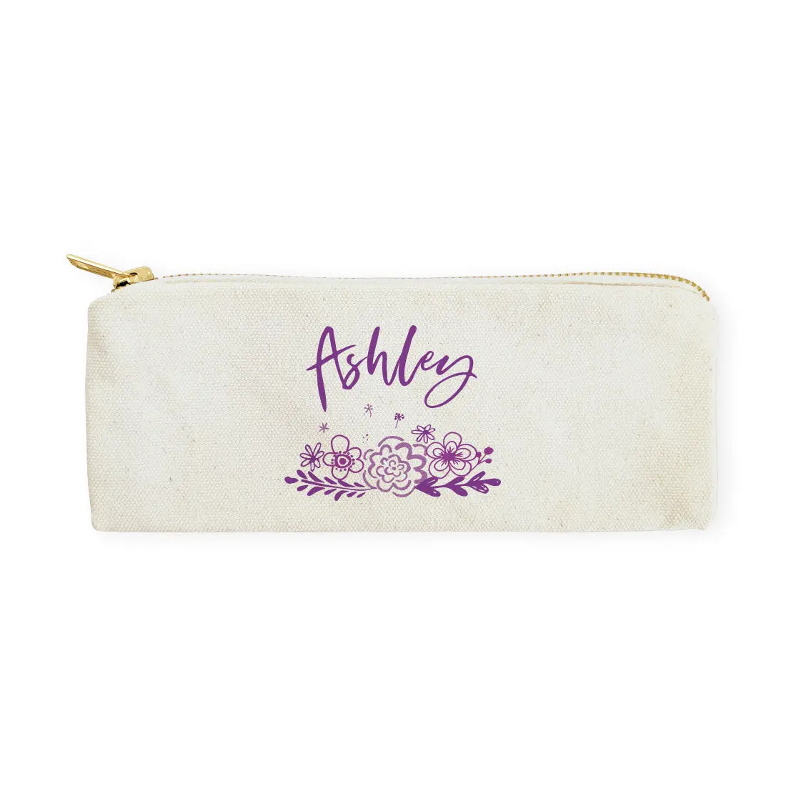 Personalized Name Purple Floral Cotton Canvas Pencil Case and Travel Pouch