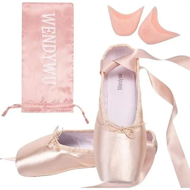 Girls Womens Dance Shoe Pink Ballet Pointe Slippers Ballet Flats Shoes with Ribbons Toe Pads Black Pink Red
